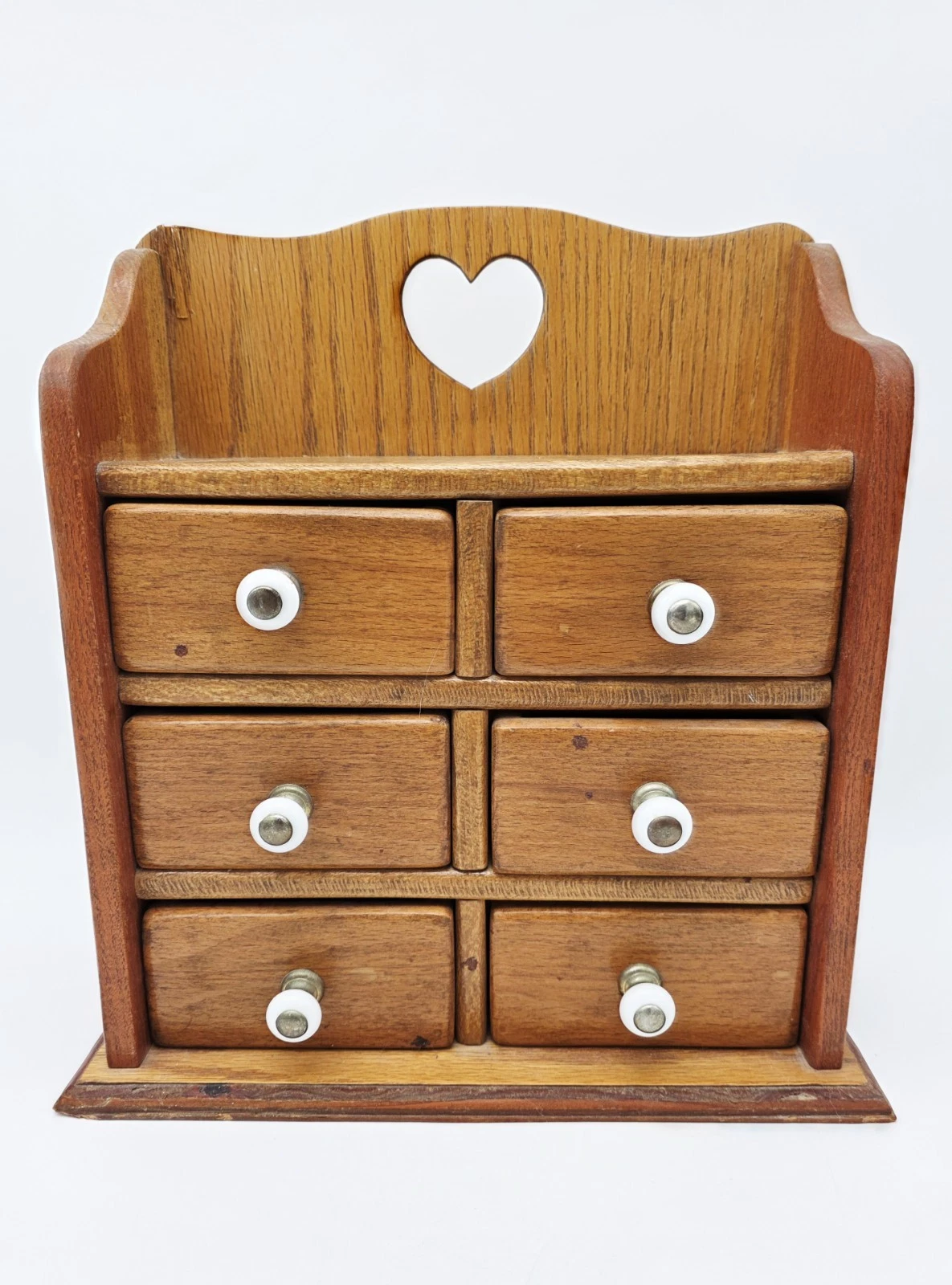Vintage Wood Oak Spice Rack Apothecary Cabinet 6 Drawer Heart Cottagecore