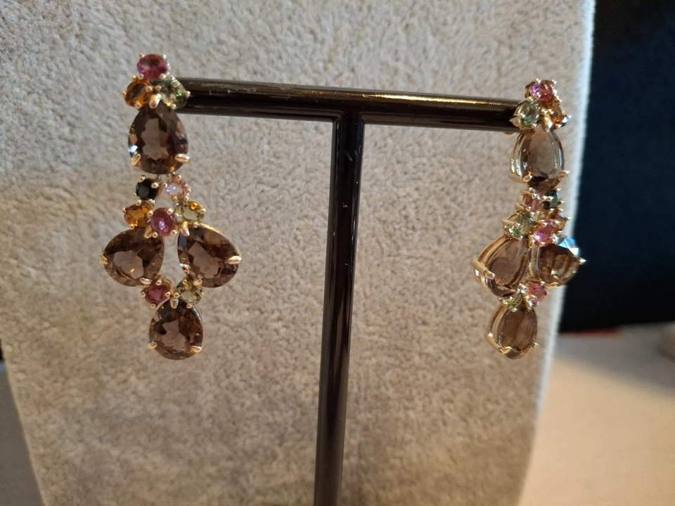 Pendientes colgantes genuinos de turmalina multicolor y cuarzo ahumado oro sobre SS Foto 3 de 4