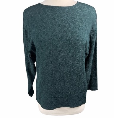 Perry Ellis Blouse Top Back Button Textured Floral Green Size Medium Jewel Tone