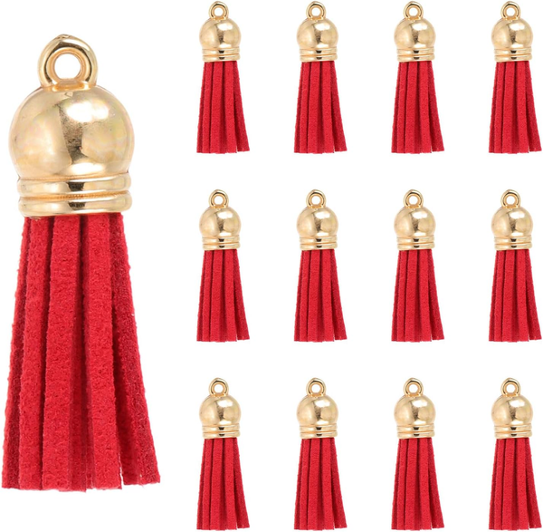 30 StüCk 38X10Mm Rot Gold Leder Quasten AnhäNger Mit Metallkappen-image