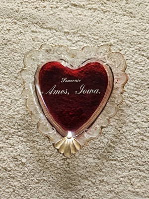 Ruby Red Glass Heart Coin Pin Ring Dish Ames Iowa Souvemir Gold Accents