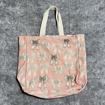 Beaded Bow Reusable Tote Cotton Canvas Bag Pink Ecofriendly
