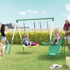 Qaba Metal Swing Set with Slide, Heavy Duty Swing Set, Dark Green