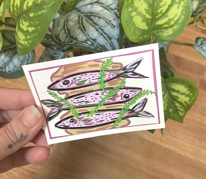 Original Art ACEO sardines in oil acrylic painting art card