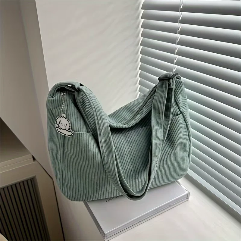 Women Corduroy Shoulder Bag Striped Tote Large Capacity Zipper Casual Purse - Image 3 of 4