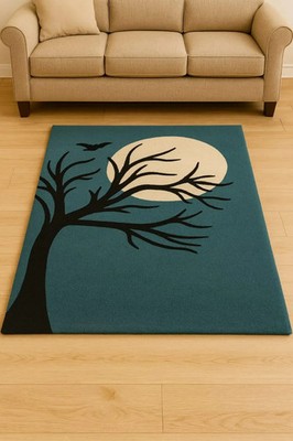 Dark Teal Spooky Night Rug | Full Moon and Silhouetted Bare Tree Area Rug |