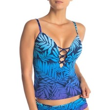 BLEU ROD BEATTIE Multi Cool Tankini Tropical Floral Cutout Swim Top Blue NWT 4