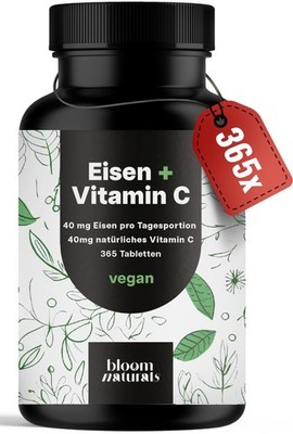Eisen Tabletten Hochdosiert - 365 Stück - Eisenbisglycinat + Vitamin C - Vegan