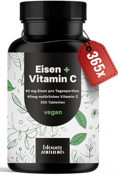 Eisen Tabletten Hochdosiert - 365 StüCk - Eisenbisglycinat + Vitamin C - Vegan-image