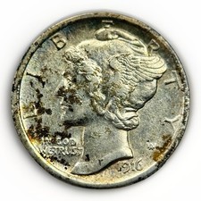 1916 P Mercury Dime 10C Better Early Date AU Silver First Year Issue Winged Lib