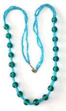 Vintage multi-strand teal and blue glass round bead necklace