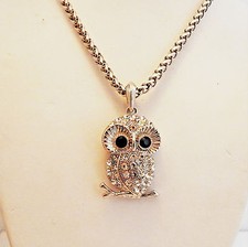 Silver Owl Pendant with Black and Clear Crystals on 30" chain