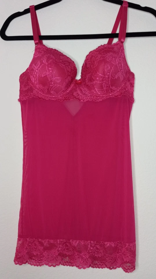 Vestido Babydoll Rampage Intimates para mujer talla M Chemise rosa brillante malla encaje ribete Foto 2 de 4