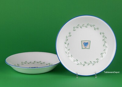 Corning / Corelle, Set 2 Coupe Soup Bowls, SUPERB! Blue Heart, Green Vines