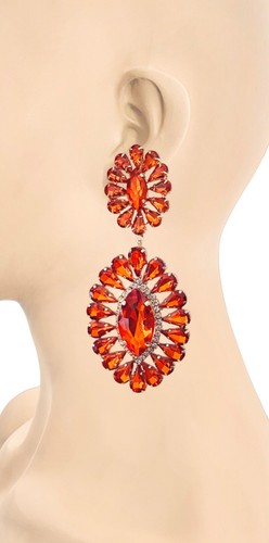 4.25" Long Statement Party Glam Earrings Orange Crystal Rhinestones Pierced