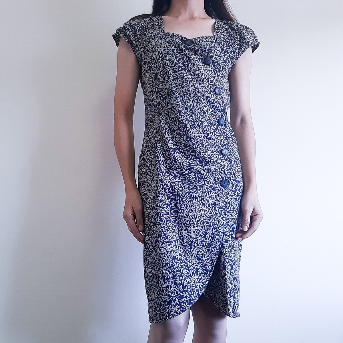 POI by KRIZIA italy ★ EAGLEclothing KRIZIA POI Vintage Navy Blue Brown Leaf Print Cotton Sheath Dress
