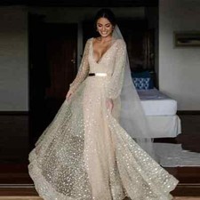 Champagne Glitter Wedding Dresses With Deatachable Coat Gold Sash Bride Gowns