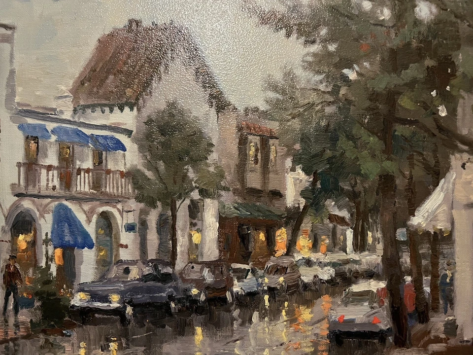 Thomas Kinkade CA 1958-2012 “Dia Chuvoso no Carmelo” Lona S&N 54/1950 - Imagem 4 de 4