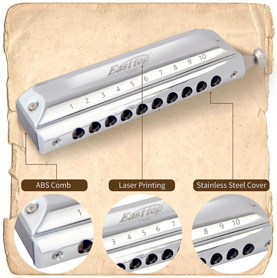 EASTTOP 10hole 40Tones Chromatic Harmonica Key of C Professional Birthday Gift - Image 2 of 4