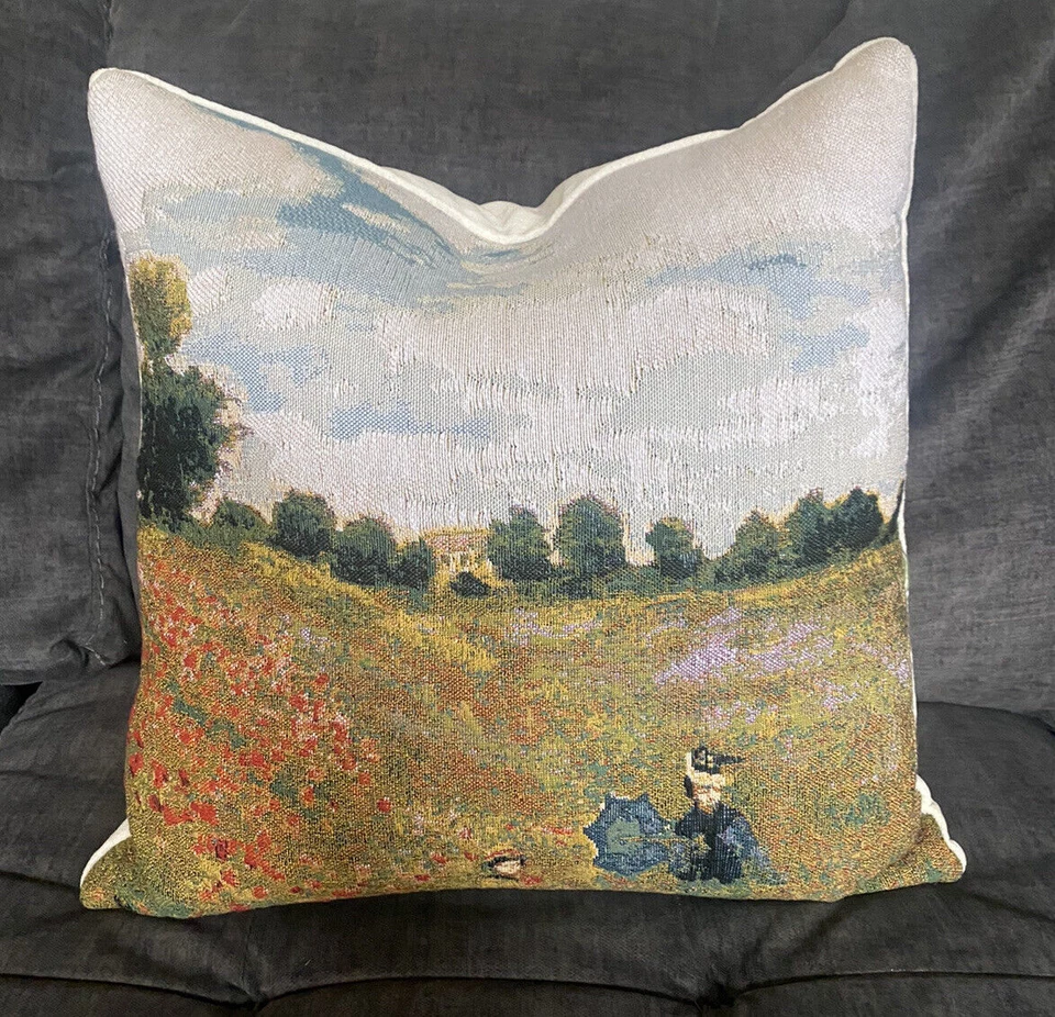 Hines of Oxford “Monet Poppyfield” 18” sq. Almohada tapiz espalda terciopelo marfil Foto 3 de 4
