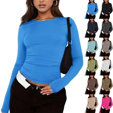 Women's Round Neck Solid Color Slim Fit Long Sleeve Top Stretchy Crew T-Shirt