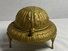 Vintage Gold Plated Footed Ornate Hand Etch Caviar Serving Dish W/Rollback Lid