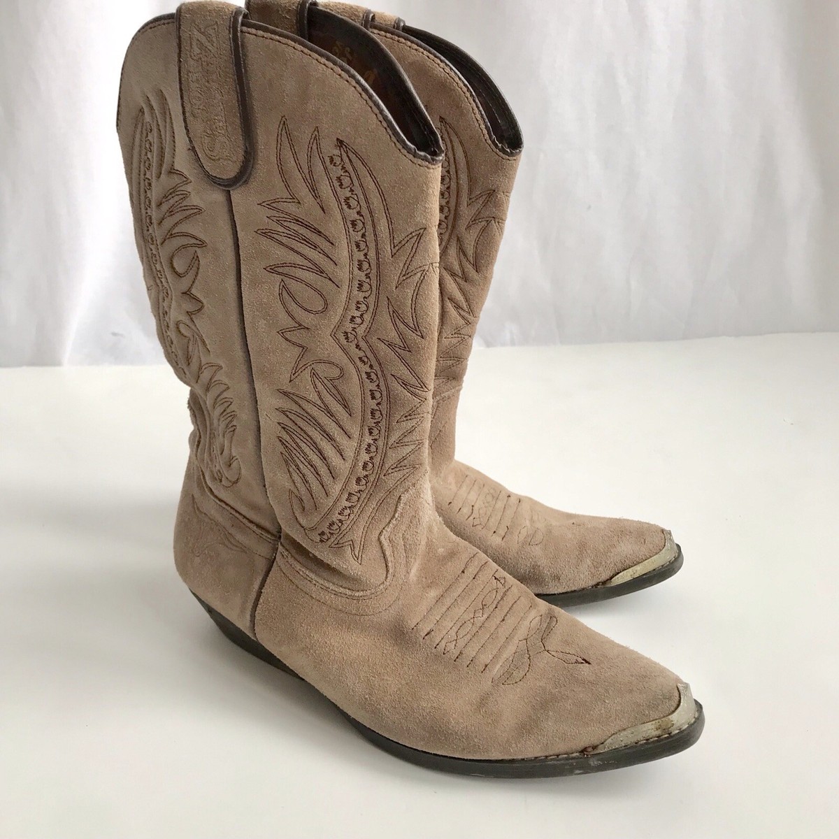 Joe Sanchez Calf Length Suede Leather Pointed Toe Beige Cow Boy