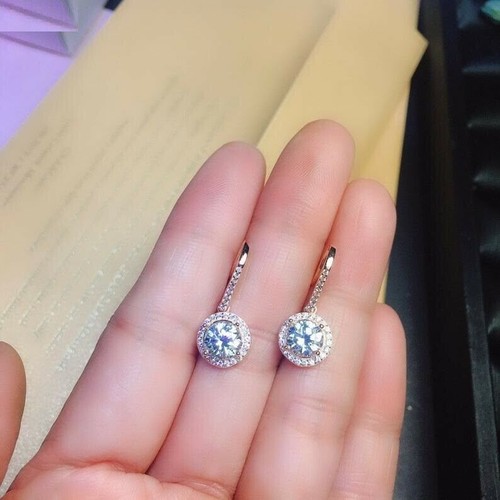1ct Round Cut Simulated Diamond Halo Drop Earrings Women 14k White Gold Plated - Picture 3 of 5
