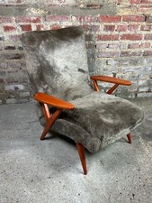 Fauteuil scandinave vintage 50'S en hêtre teinté et tissus peluche