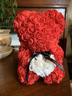 Red Rose Teddy Bear Gift “Just For You” New, Open Box Foam Flowers - Main Image