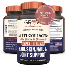 Collagen Peptides Types I, II, III, V, X 1800mg + Biotin & Vitamin C, 90 Capsule