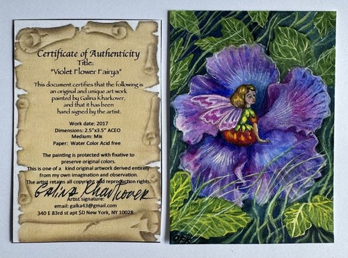 ACEO Original Painting Violet Flower Fairy Galina Kharkover COA Art Trading Card
