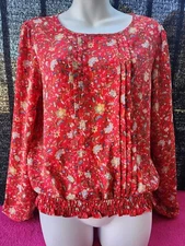 Counterparts Women's Flowered Red Blouse Long Sleeve Elastic Waist - Size M