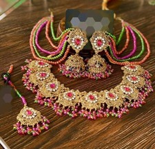 Multicolor Stones Bridal Indian Pakistani Jewelry Set Necklace, Jhumki, Tikka