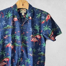 Paradise Found Mens XL Flamingo Palm Tree Hawaiian Shirt Blue Cotton Made in USA