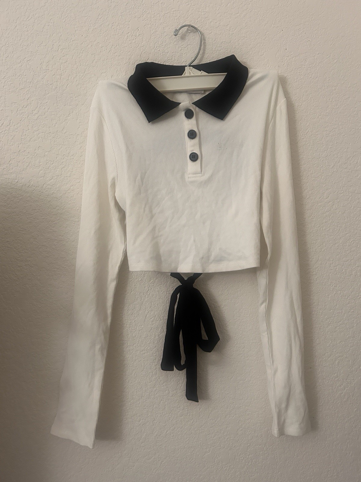Girly Fancy Club White Ribbed Crop Top Black Collar Size S