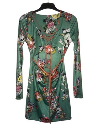   Ed Hardy x Missguided Green Tattoo Print Bodycon Dress   Long Sleeve, US 4