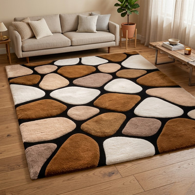Modern 3D Pebble Wool Rug 5x8 Geometric Brown Area Rugs Living Room Large Carpet