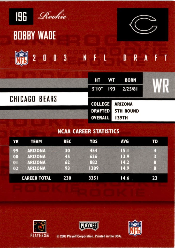 2003 Playoff Prestige #196 Bobby Wade Chicago Bears - Image 2 of 2