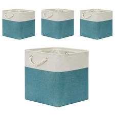 Fabric Storage Set - 4 Large Cube Baskets (13x13), White & Teal