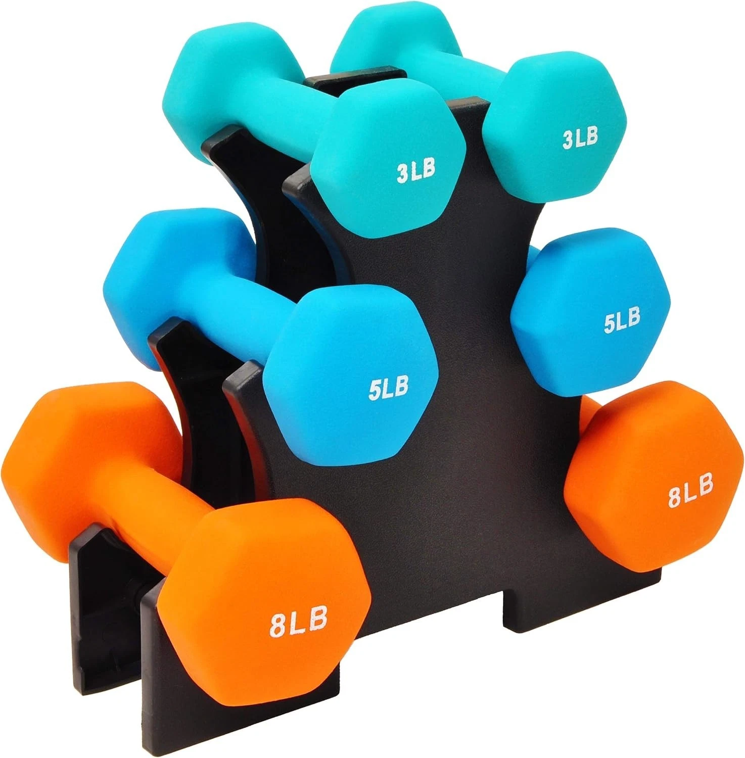 Set of 6 Neoprene Dumbbell Hand Weights Set W/ Rack 3/5/8 Pairs