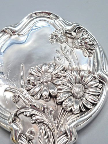 Antique Hand Mirror Sterling Repousse American Simmons, Bro & Co Sterling Silver