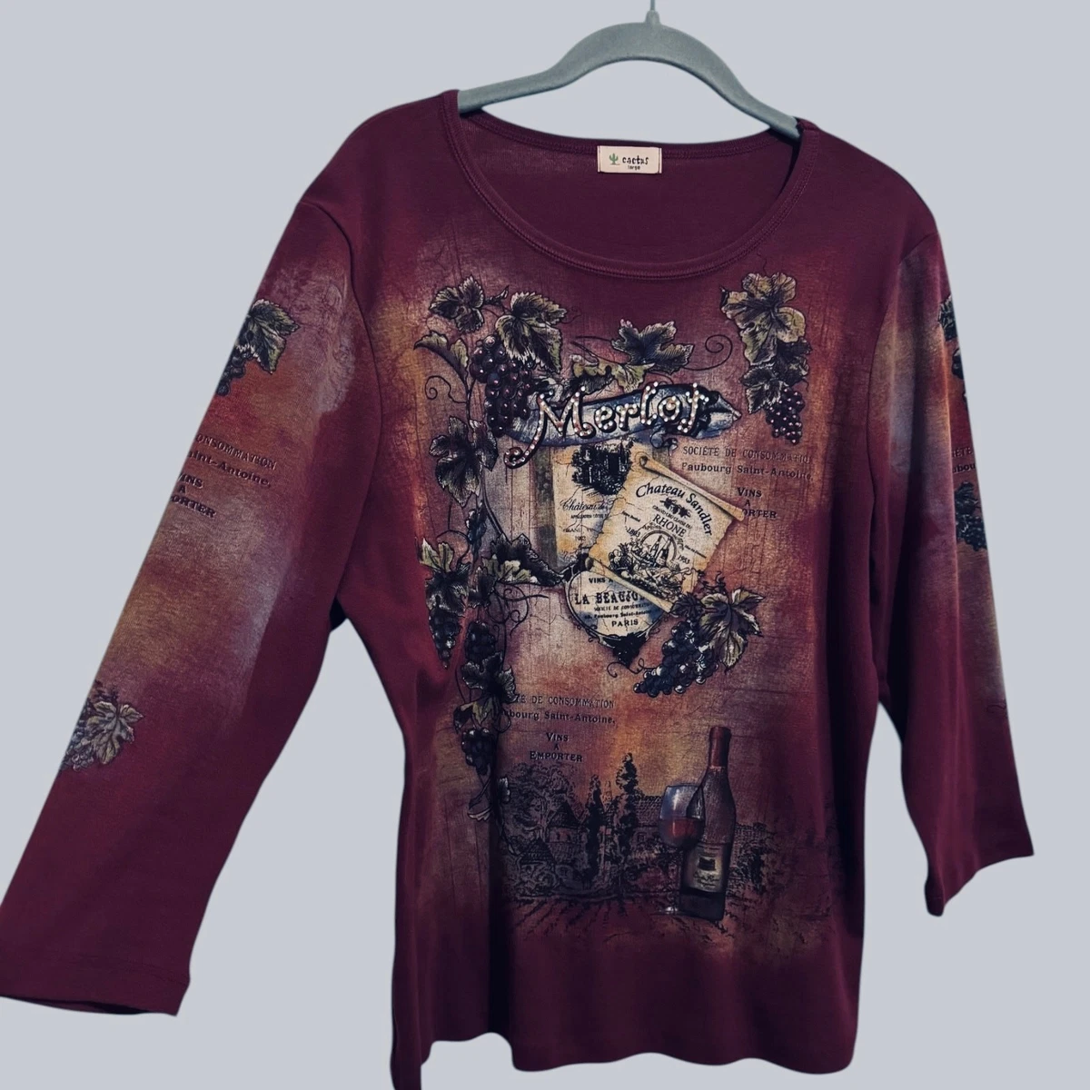 Cactus Y2K Merlot Wine Art to Wear Rhinestones All Over Print Top Shirt  Size L | eBay