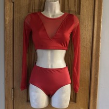The Line Up Red 2 Pc Lace Mesh Embellished Long Sleeve Solo Dance Costume Small