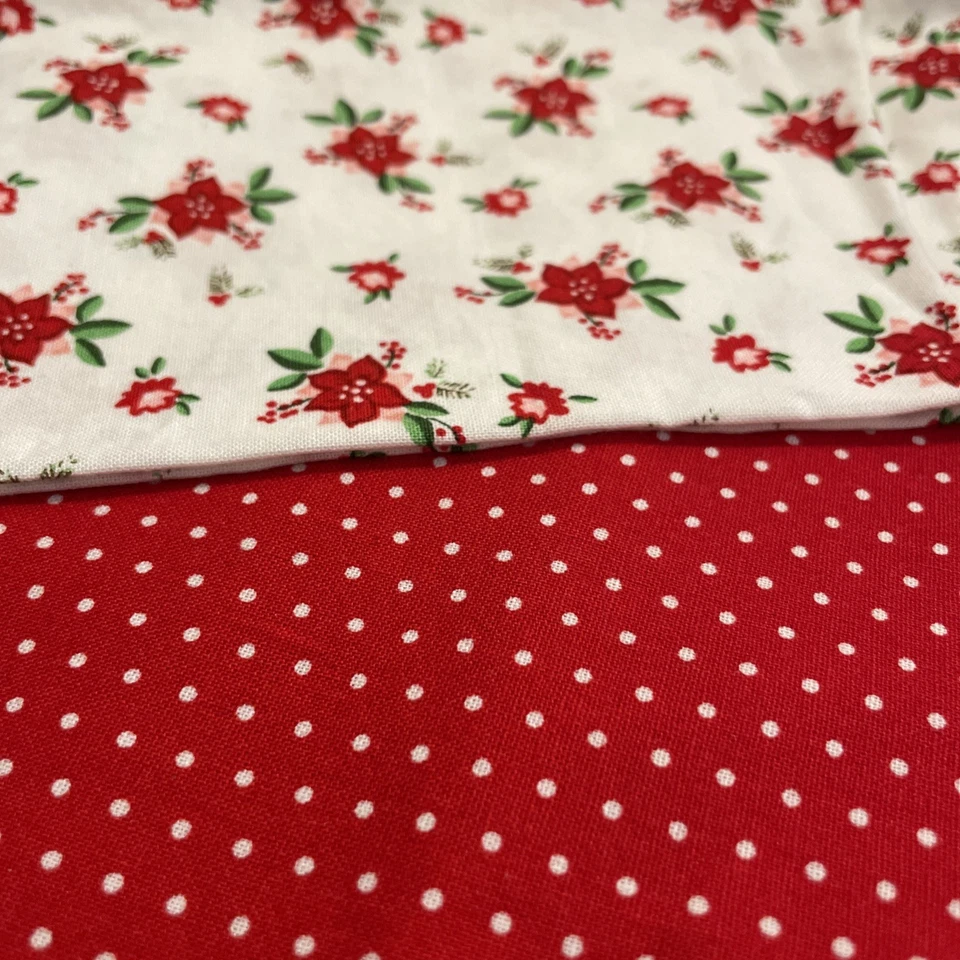 Riley Blake Pixie Noel 2 yards Poinsettias in Red and Pink on White with bonus  - Image 4 of 4