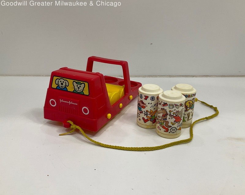 Vintage Johnson and Johnson Red Truck Pull Toy Rhythm Roller