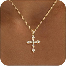 Cross Necklace for Women, 14K Gold Silver Plated Dainty Small Cubic Zirconia Cro