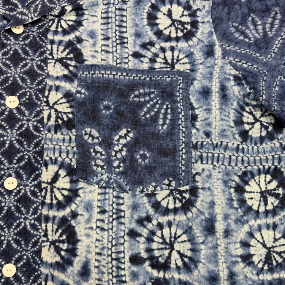 Polo Ralph Lauren Shibori Patchwork Linen Shirt Mens XL Indigo Blue Tie Dye - Image 4 of 4