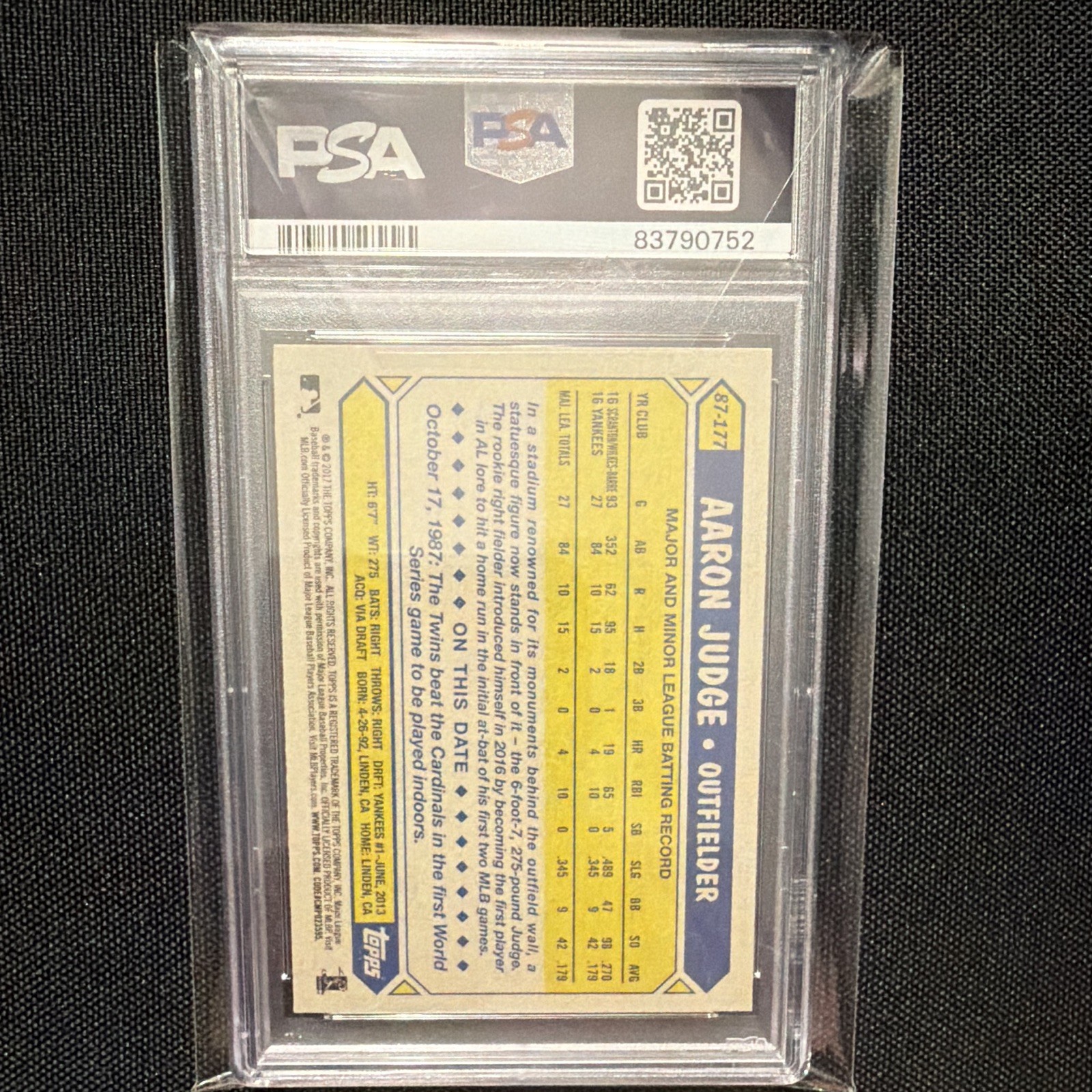 Topps 2017 Aaron Judge Yankees 1987 Topps 30th Anniv RC #87-177 PSA 10 view 2