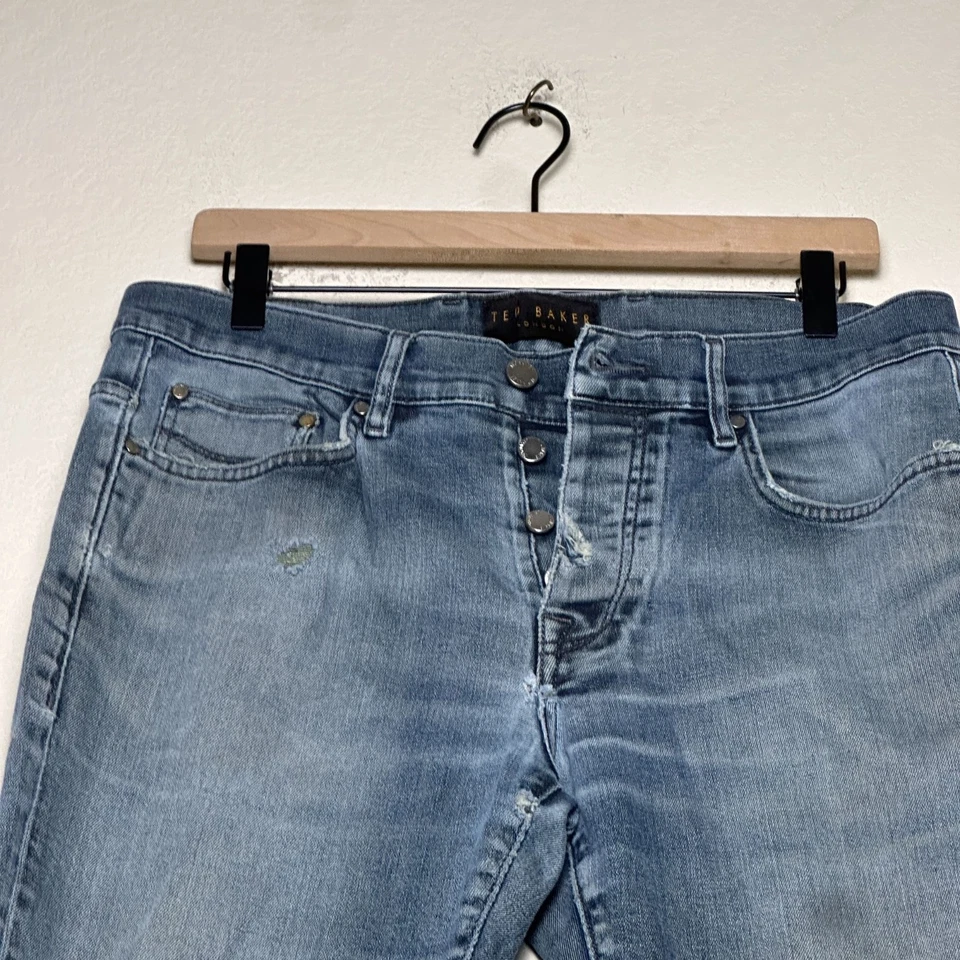 Pantalón de mezclilla Y2K Ted Baker para hombre 34 azul desgastado rasgado ajustado calce recto Foto 3 de 4